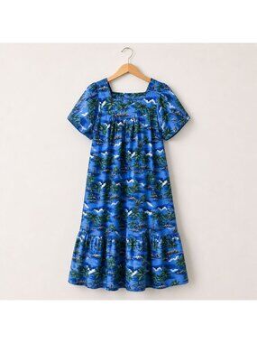 Vintage Evergreen Island Hawaii Tropical Dress Blue Palm Print Ruffle M Luau